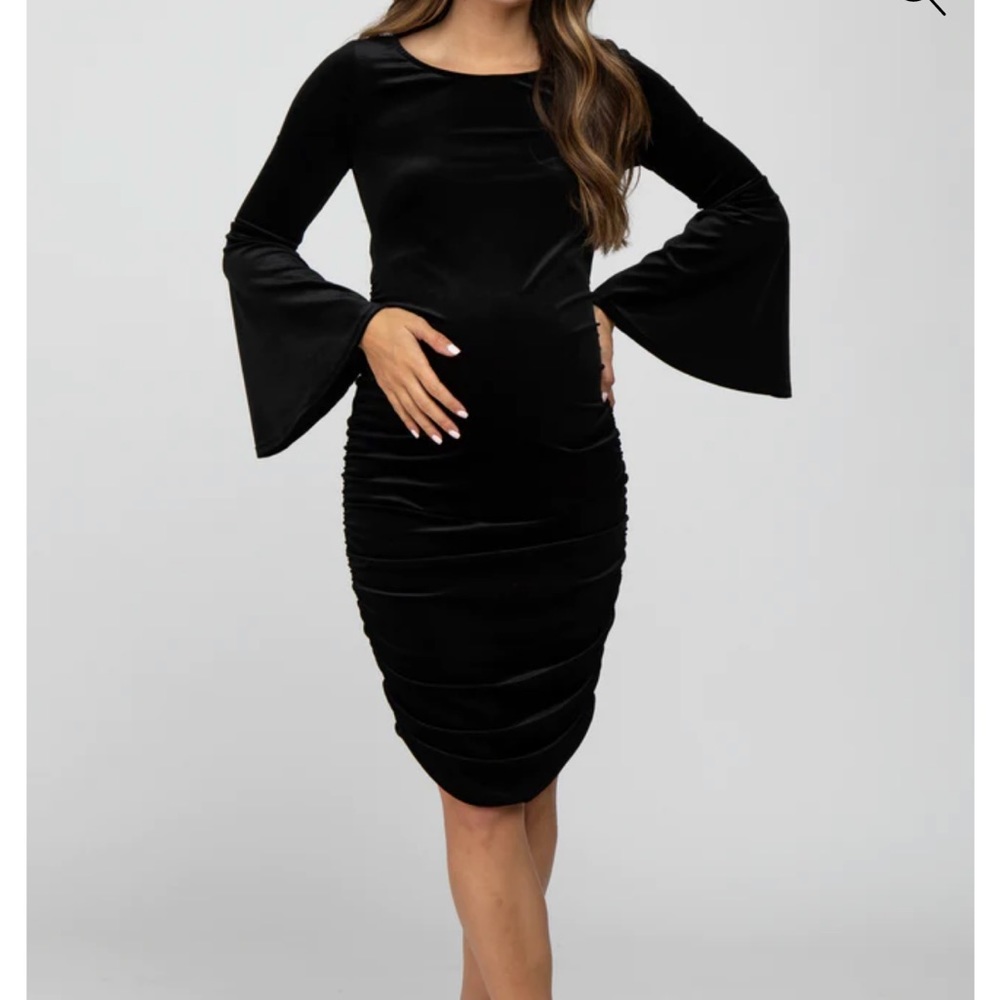 Pink Blush Black velvet ruched bell sleeve maternity dress